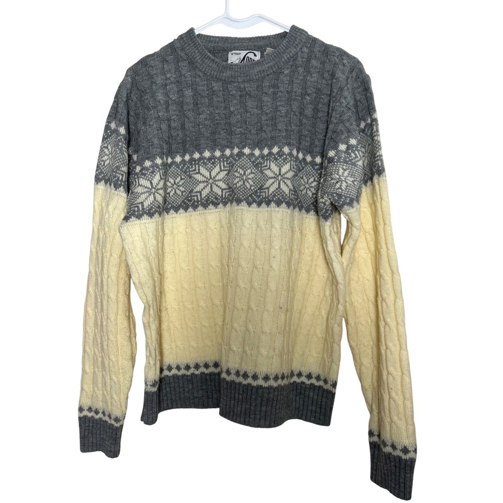 Vintage Steep Slopes Nordic Fair Isle‎ Cable Knit Sweater Gray Cream Women's L
